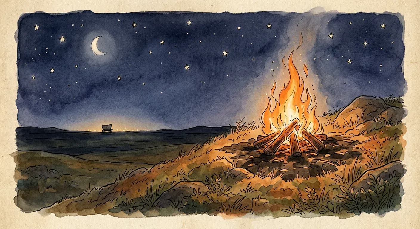 A signal fire burning on the prairie at night