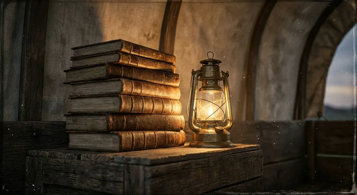 A wooden shelf of worn books beside a lantern at a trading post