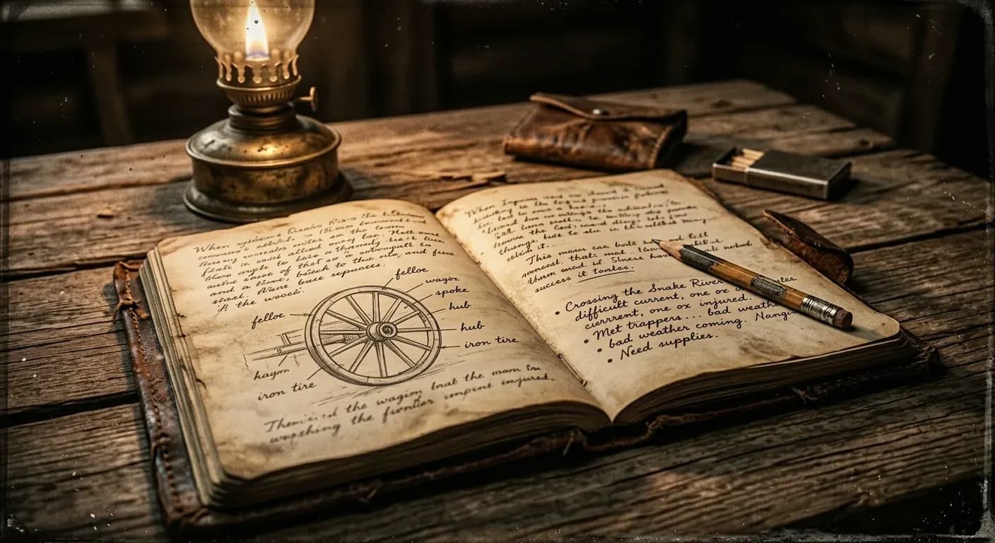 An open journal beside a lantern at a quiet wagon camp