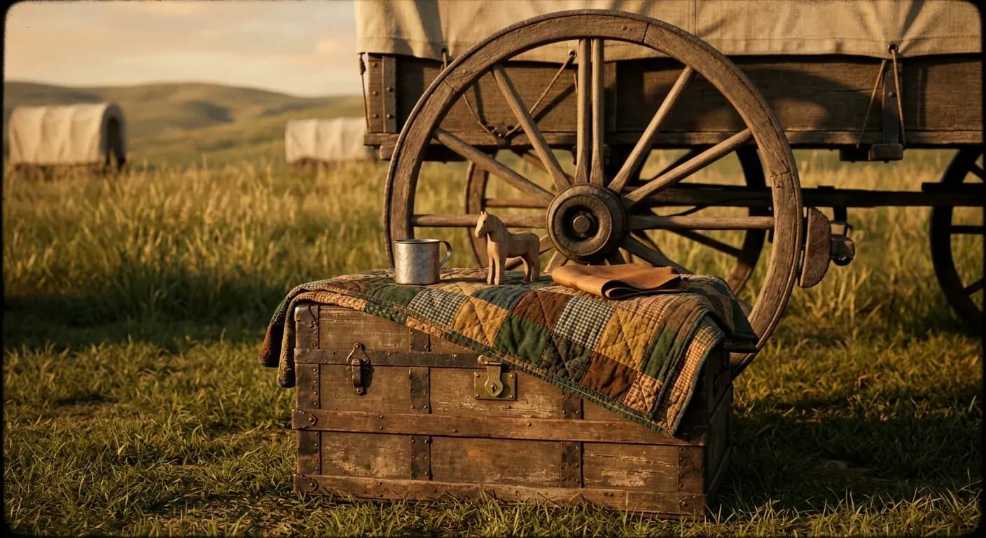 The inside of a covered wagon at dusk, lantern lit, warm wood and canvas