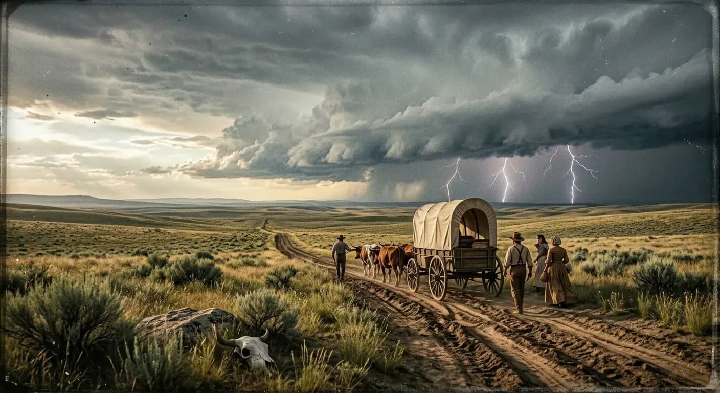 A wagon crossing a shallow river at dusk, mountains rising in the distance
