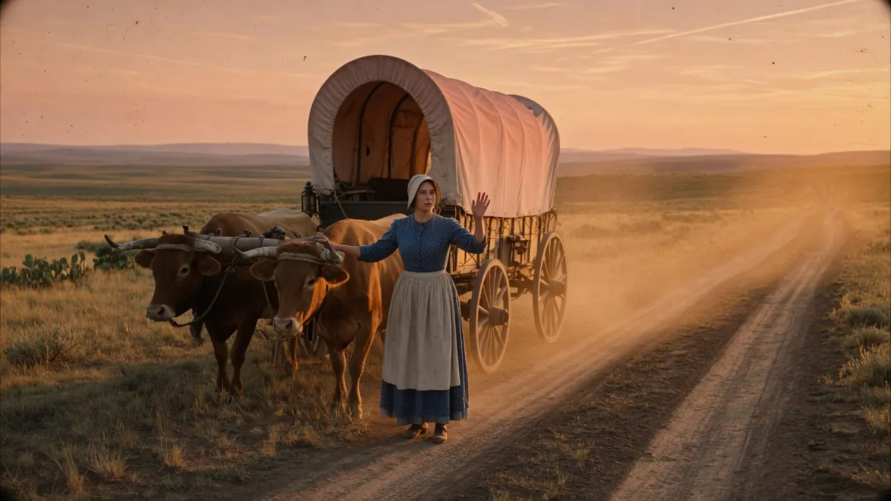 A caregiver standing still beside oxen and a covered wagon at golden hour on a prairie road
