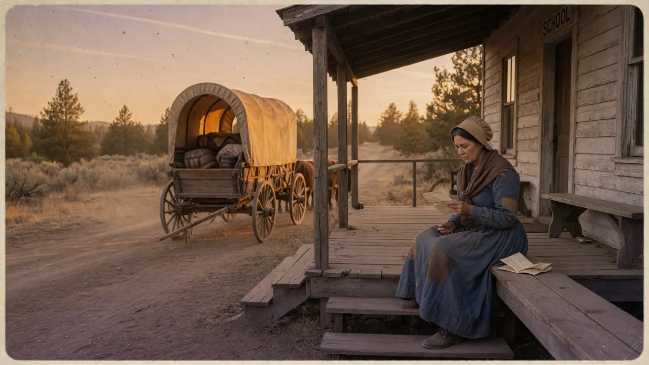 A caregiver on a wooden schoolhouse porch at late afternoon, a folded note in hand, a wagon waiting on the road
