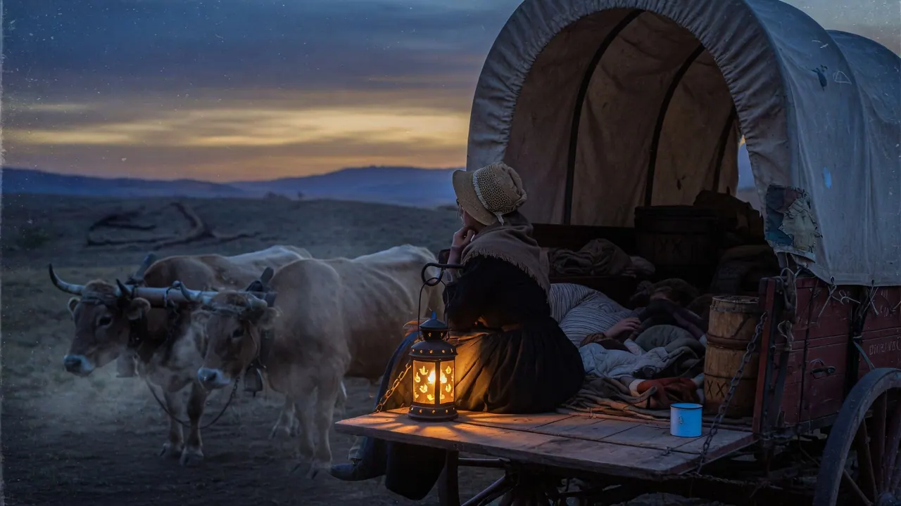A caregiver sitting on a wagon tailgate at dusk, a child a quiet shape inside the canvas
