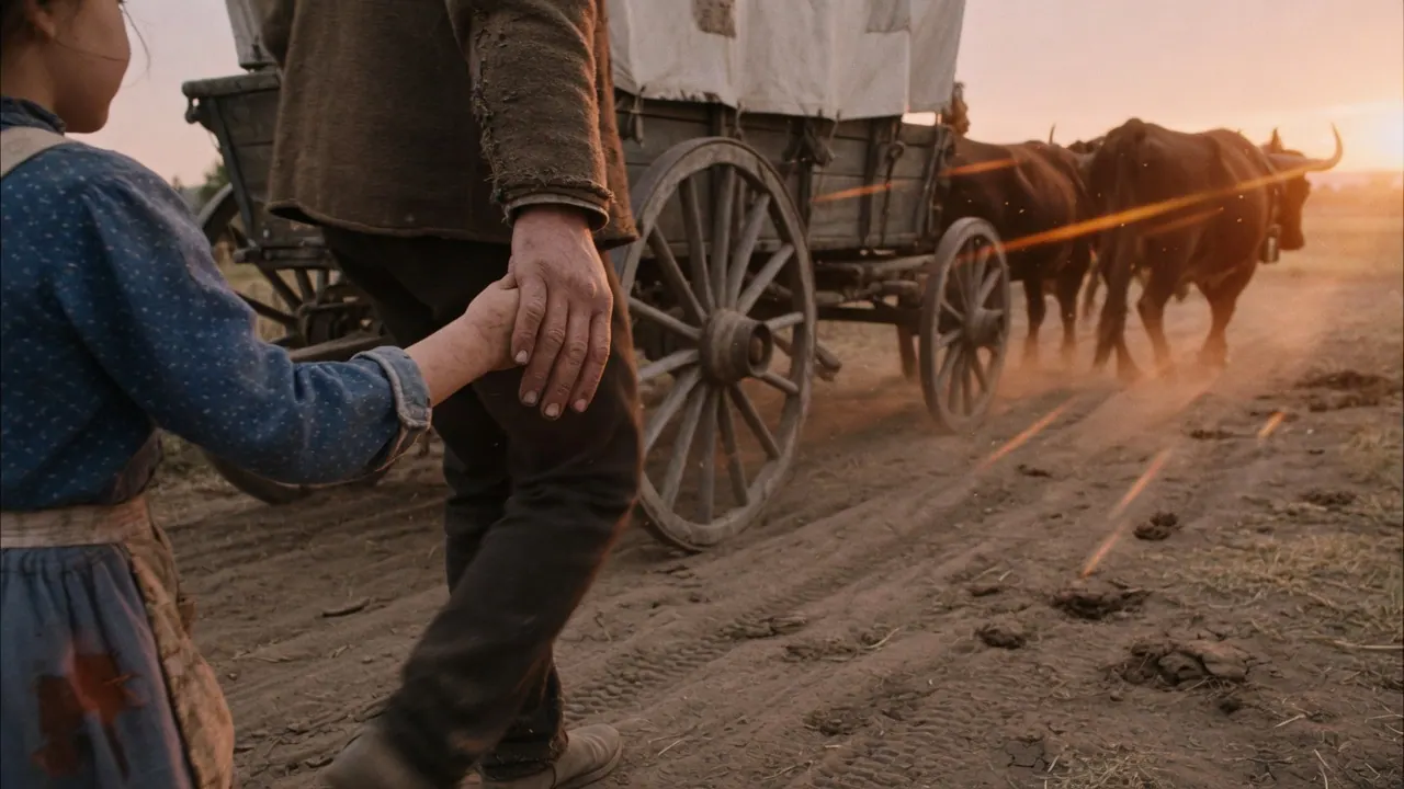 A child's hand inside an adult hand on a rutted trail, a wagon wheel behind them