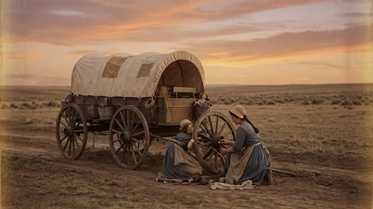 A caregiver kneeling beside a covered wagon wheel in a prairie rut under late day light