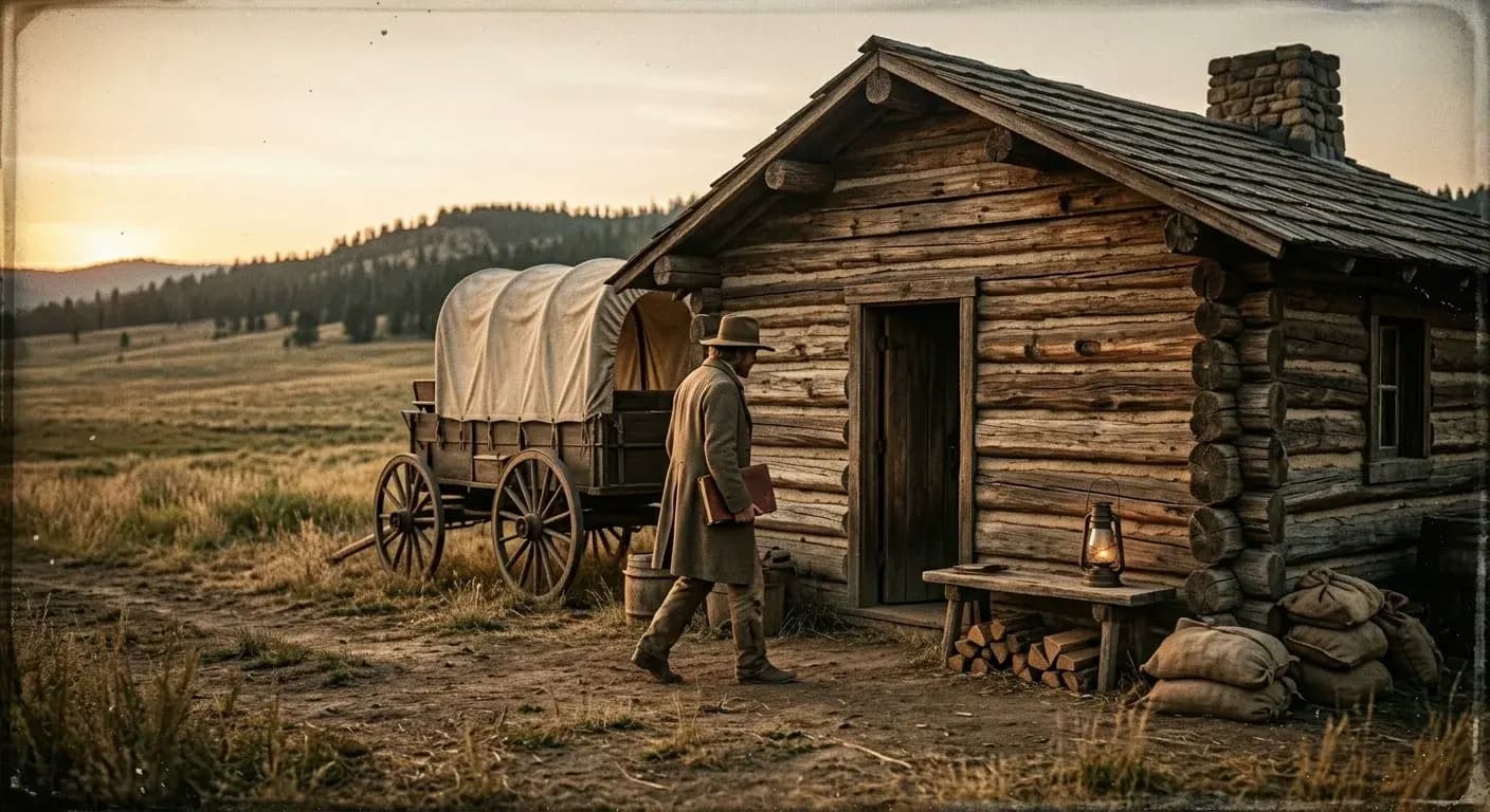 A caseworker with a notebook walking up to a farmhouse at golden hour