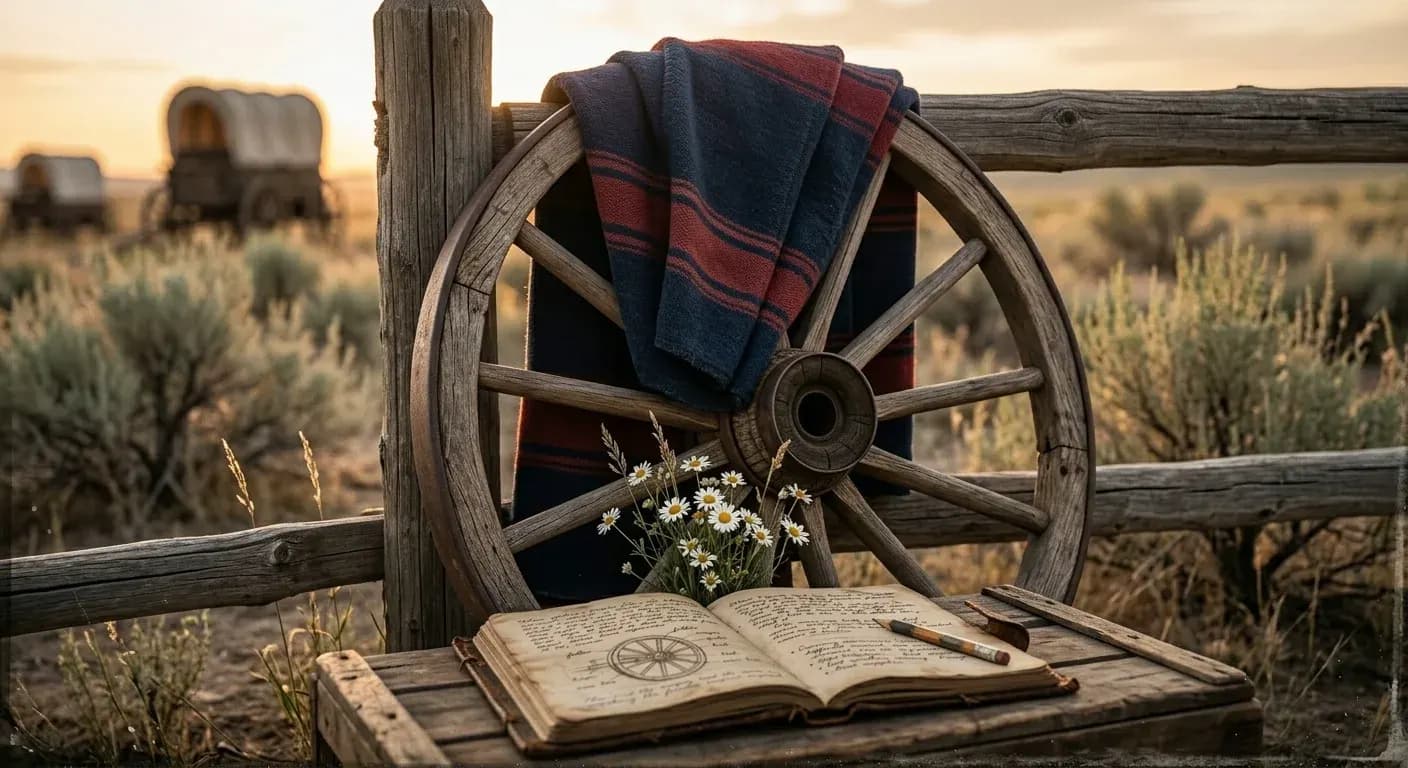 A weathered hand resting on the spokes of a wagon wheel, lit by firelight