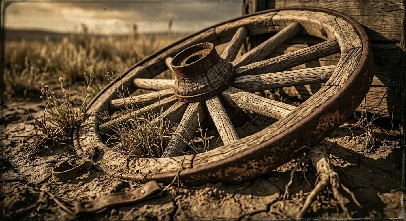 A weathered wooden wagon wheel catching warm golden-hour light